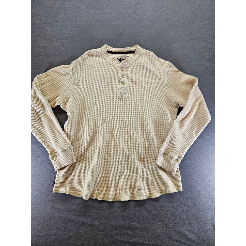 Levis Mens Henley Shirt Large Cream Waffle Knit Thermal Long Sleeve Red Tab